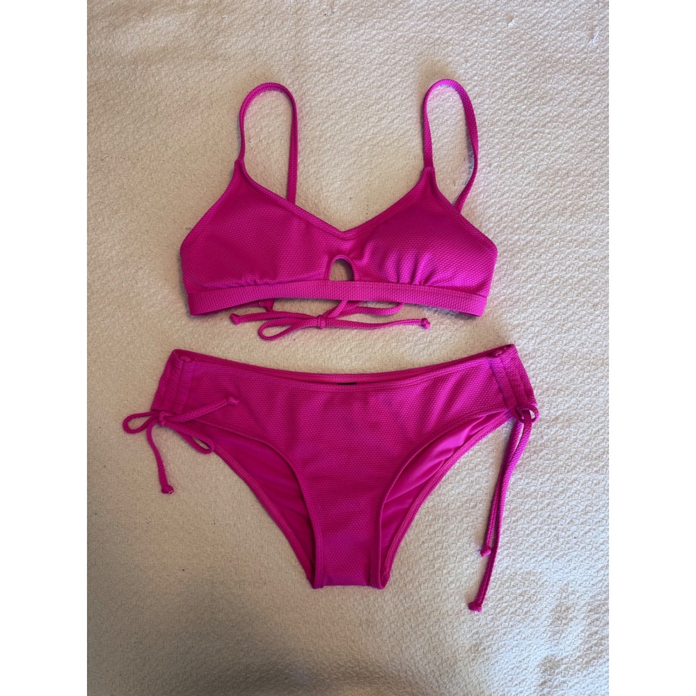 Hurley Womens Magenta Pink Textured Waffle Knit Bikini Set High Waist Size M